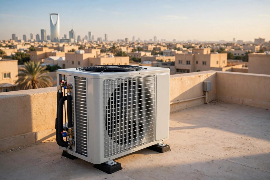 Clean outdoor AC condenser unit on a Riyadh rooftop