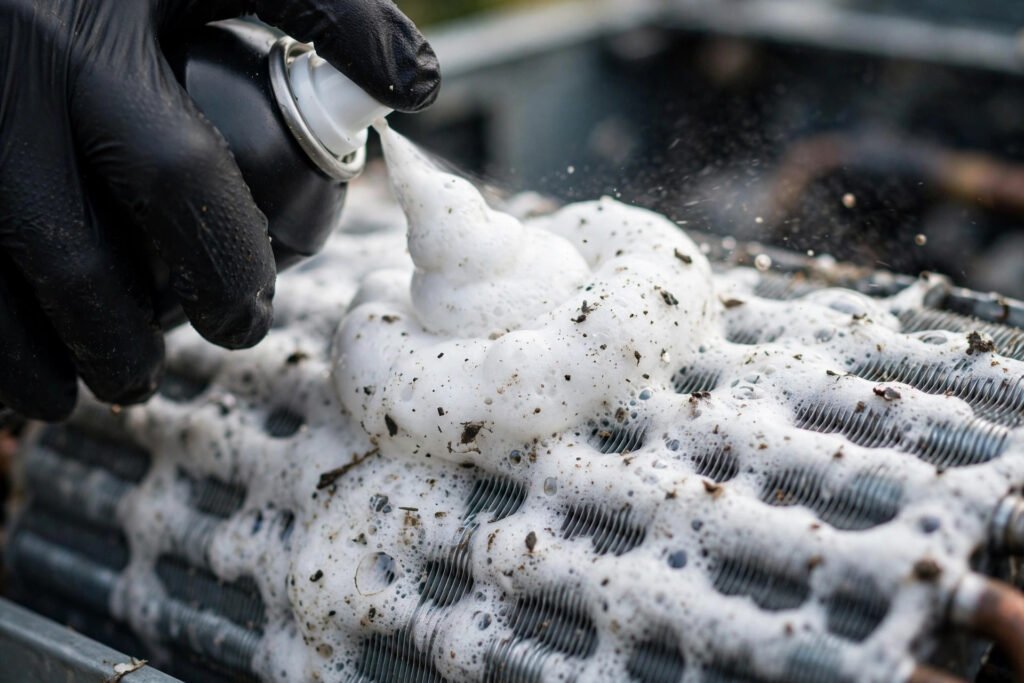 Professional coil cleaning foam applied to AC evaporator coils