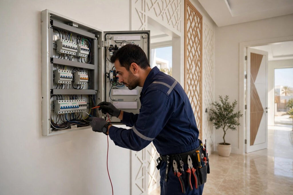 Electrician in Riyadh inspecting electrical distribution board in villa hallway