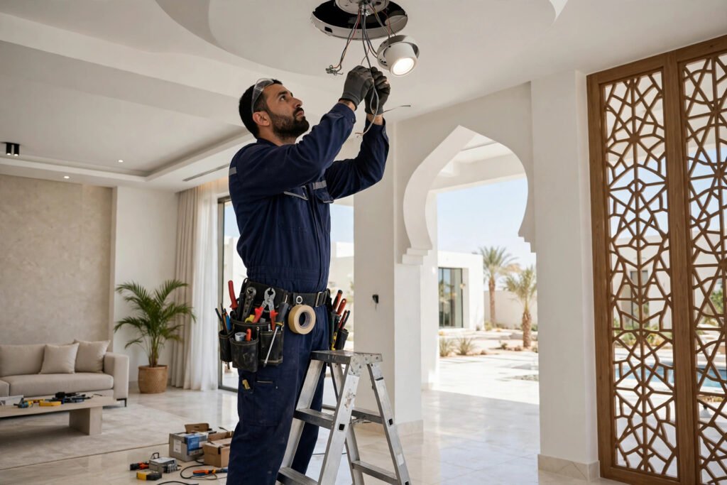 Electrician in Riyadh installing ceiling light fixture in villa