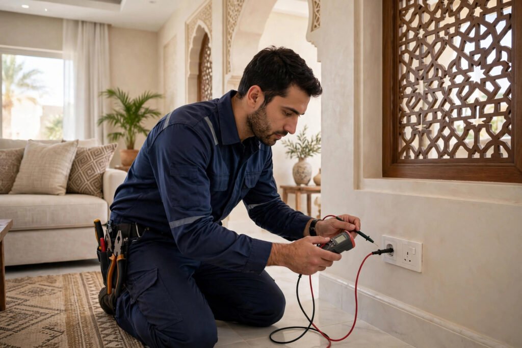 Electrician in Riyadh testing wall outlet with digital multimeter