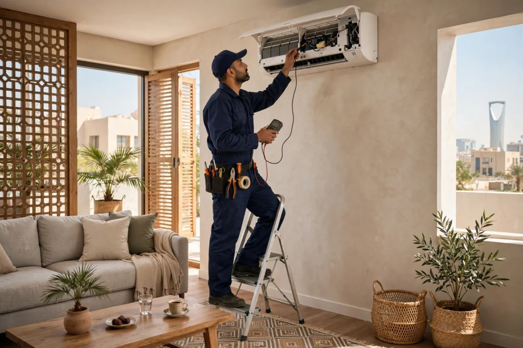 Technician diagnosing a split AC indoor unit inside a Riyadh home — AC repair cost in Riyadh assessment