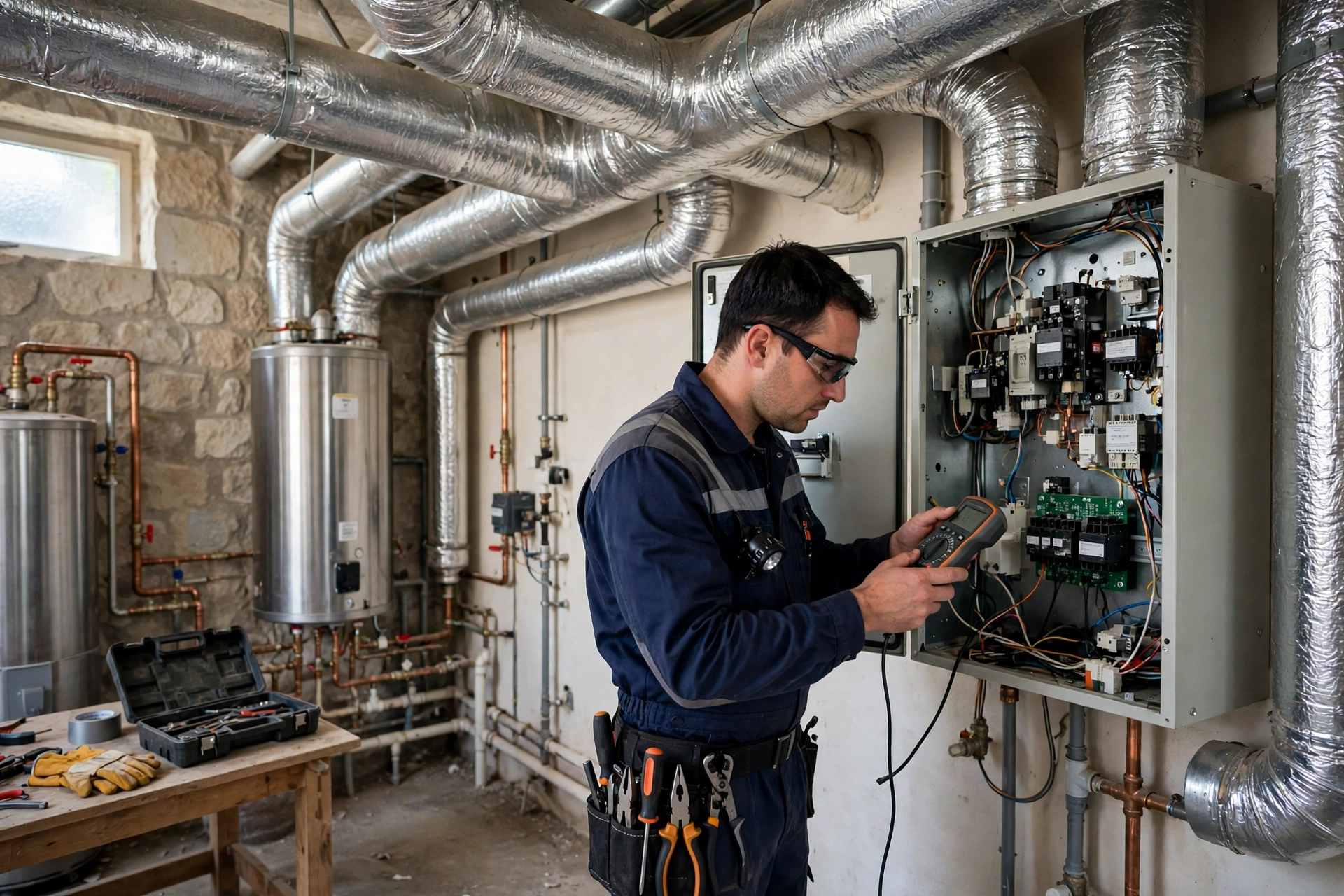 HVAC service Riyadh technician checking central control panel and ductwork