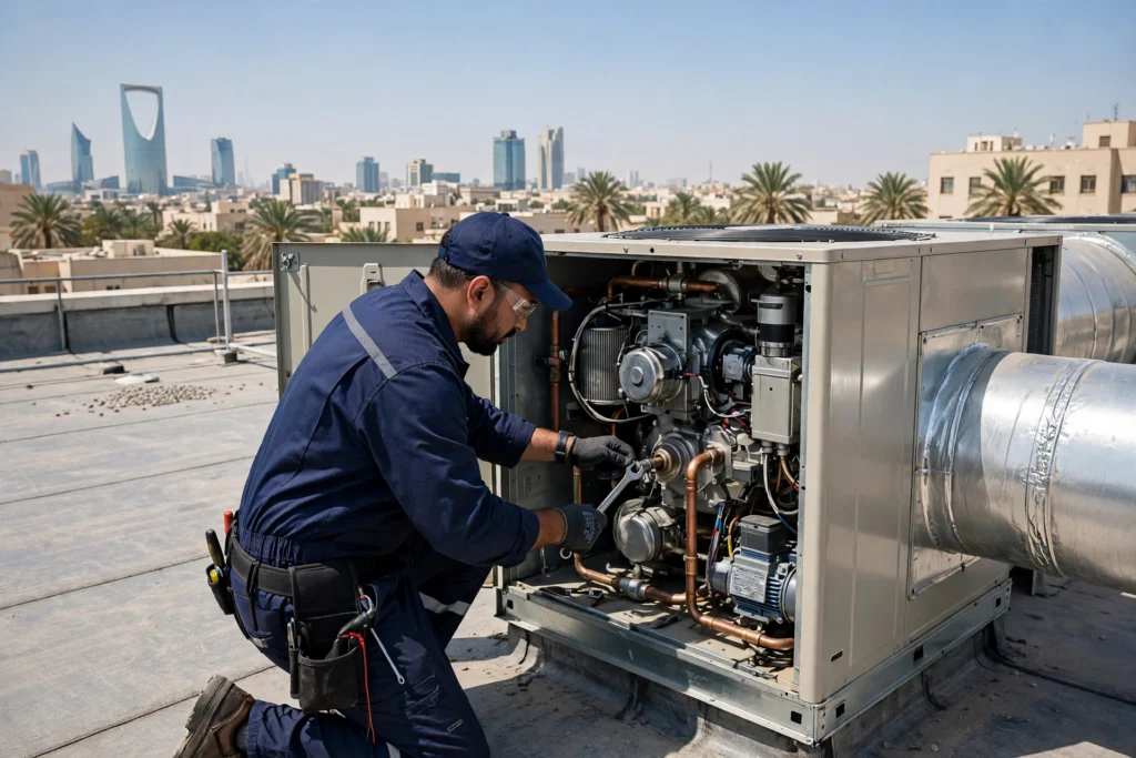 HVAC service Riyadh technician servicing rooftop ducted unit