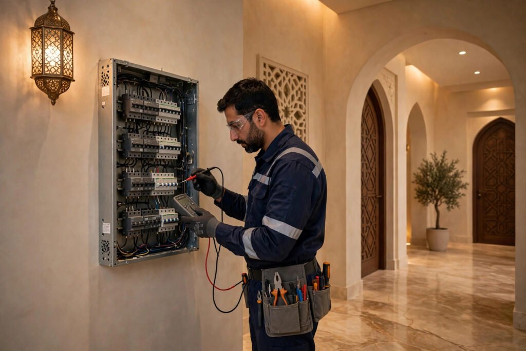 Emergency electrician Riyadh inspecting an open circuit breaker panel in a modern Saudi villa hallway