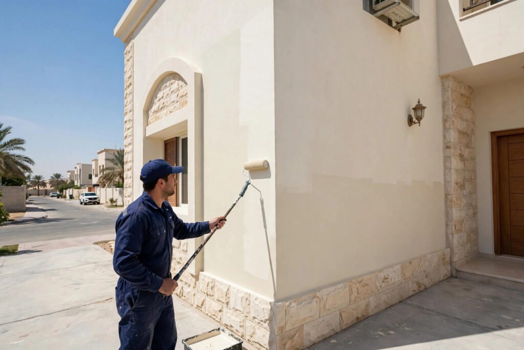 Villa painting cost Riyadh: professional painter working on a villa