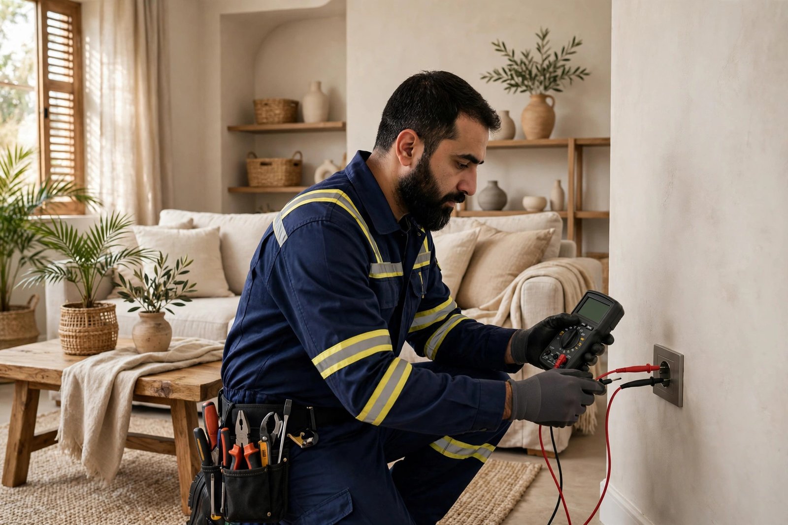 Emergency electrician in Riyadh testing a wall socket with a multimeter during a home visit