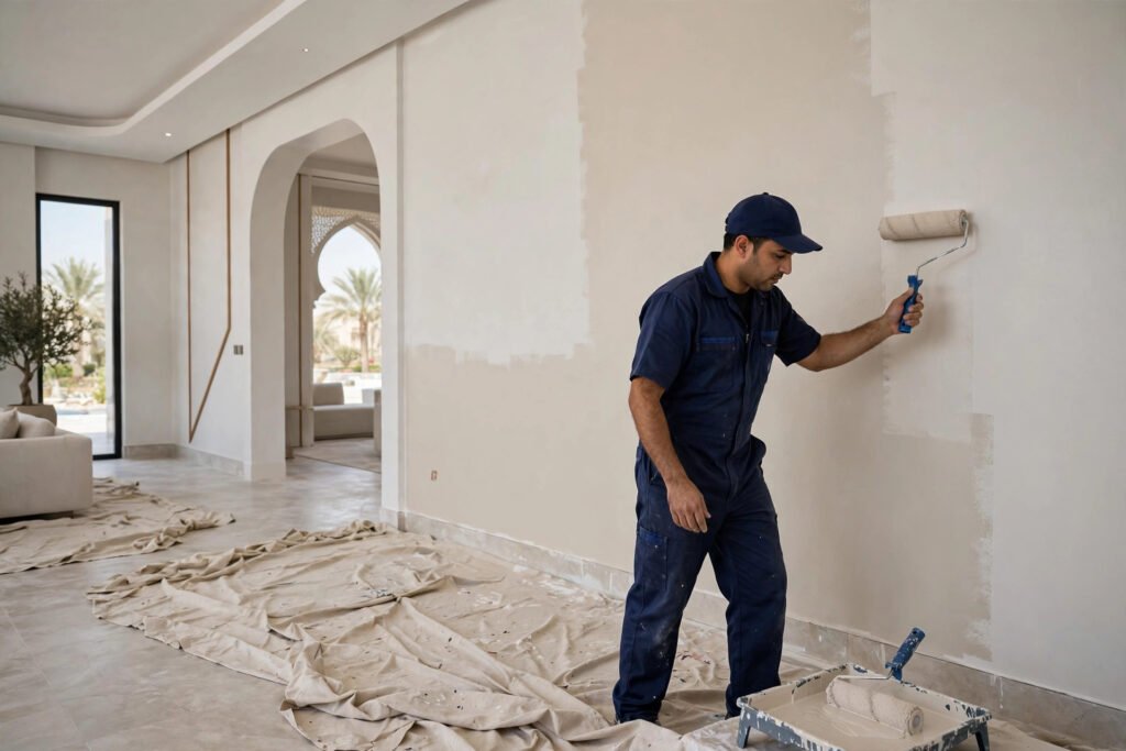 Painter rolling fresh paint on a villa living room wall for an interior villa painting job in Riyadh, villa painting cost Riyadh