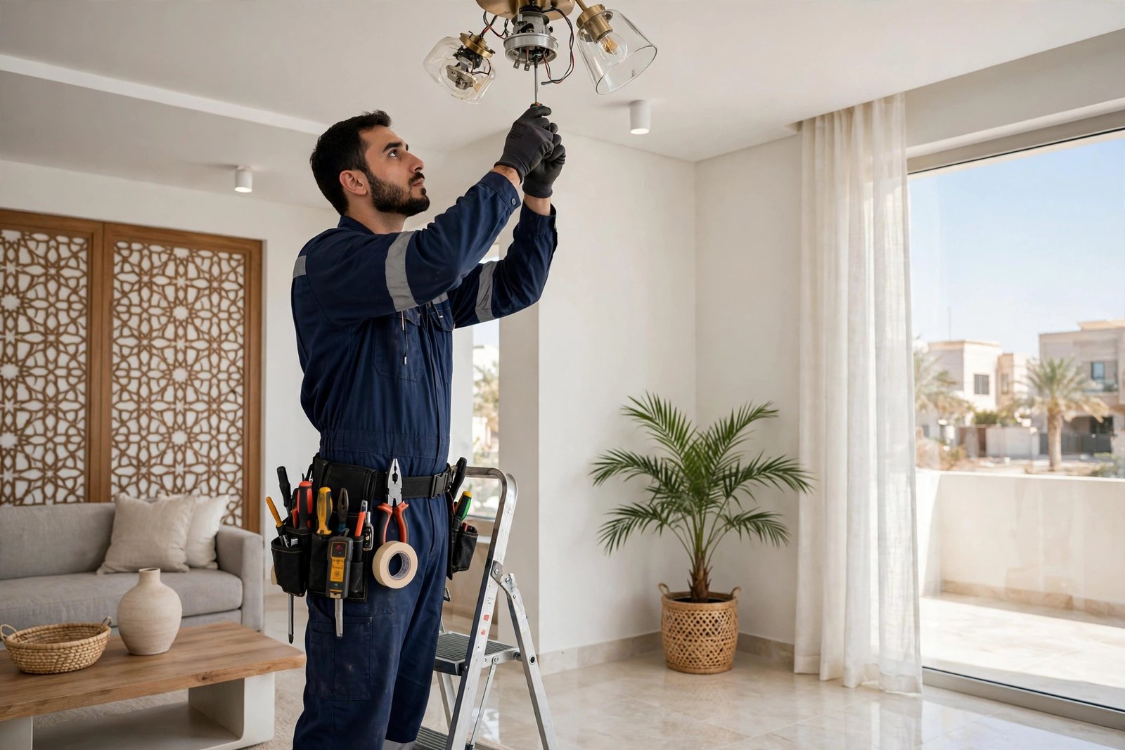 Emergency electrician in Riyadh repairing a ceiling light fixture on a stepladder in a Saudi home