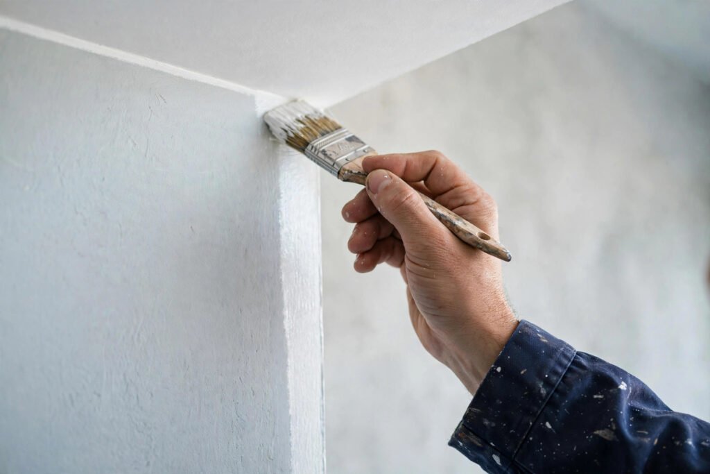 Close-up of a painter's hands cutting in a clean wall edge during a professional villa painting job in Riyadh
