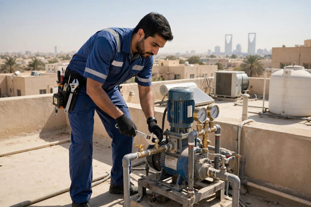 Plumber adjusting a rooftop water pressure booster pump to fix low water pressure Riyadh