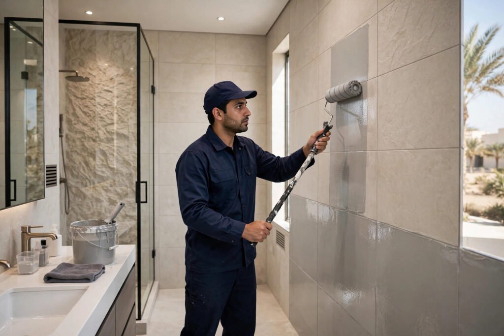 Bathroom waterproofing Riyadh — technician applying waterproof coating to a villa bathroom wall