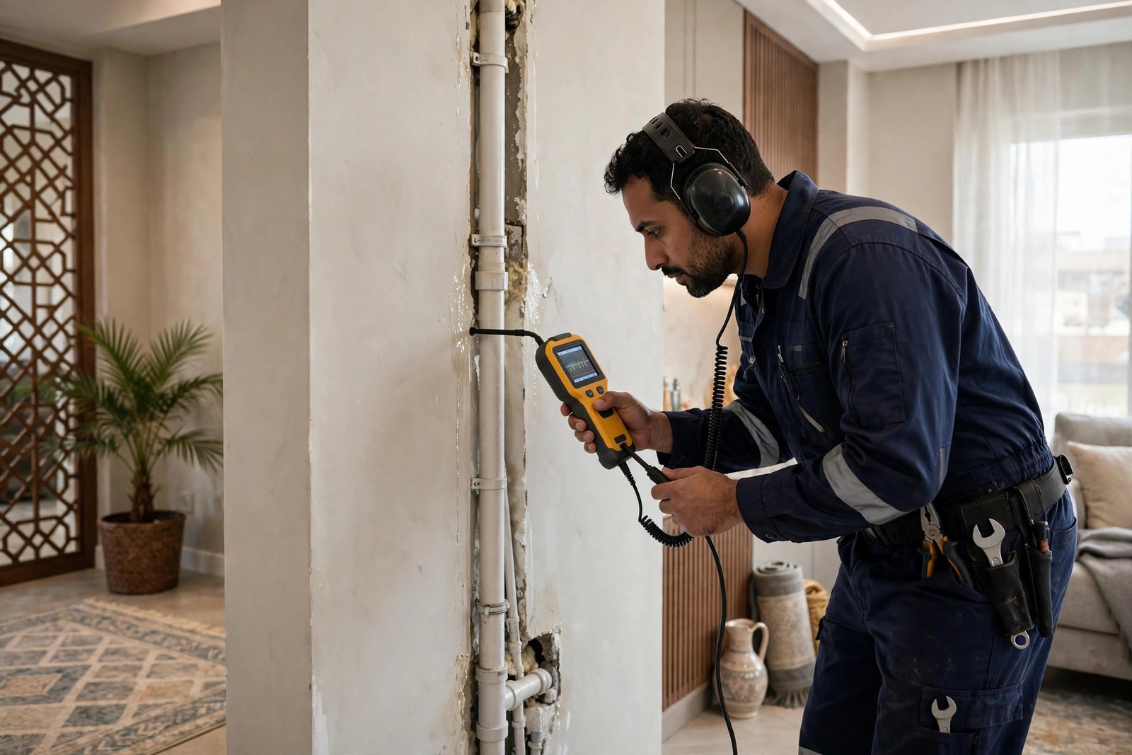 Plumber using acoustic leak detection equipment to find hidden leaks causing low water pressure in Riyadh