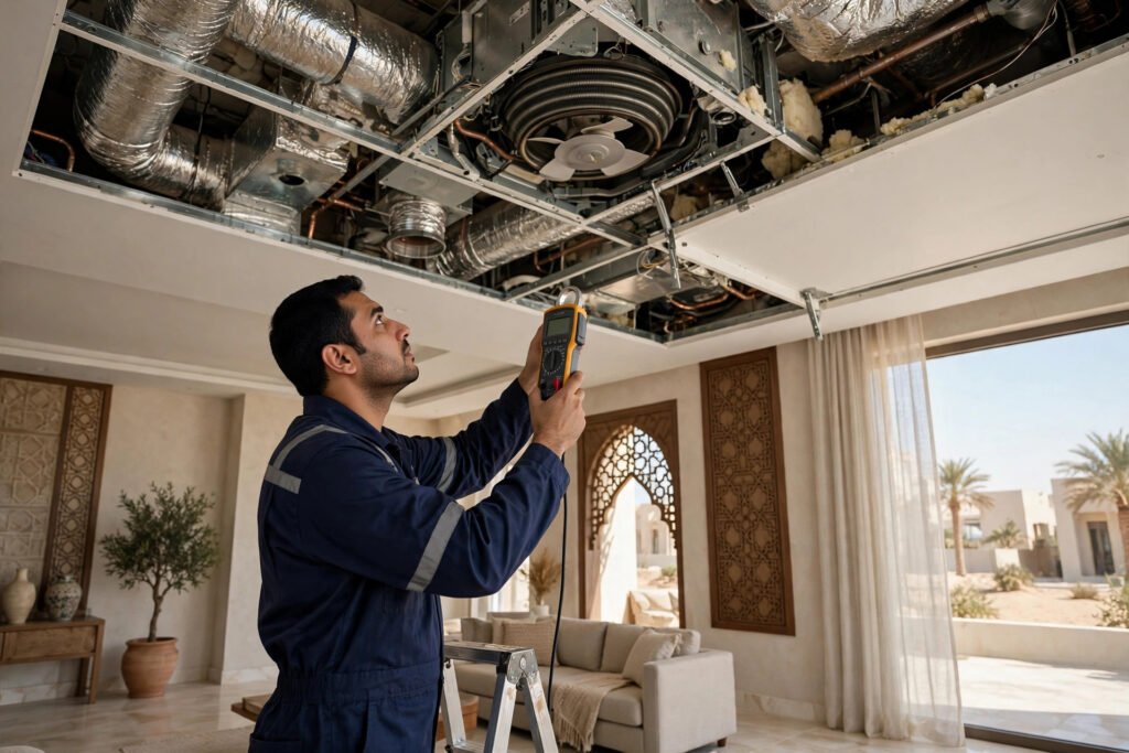 HVAC technician inspecting concealed ducted AC unit in Riyadh villa