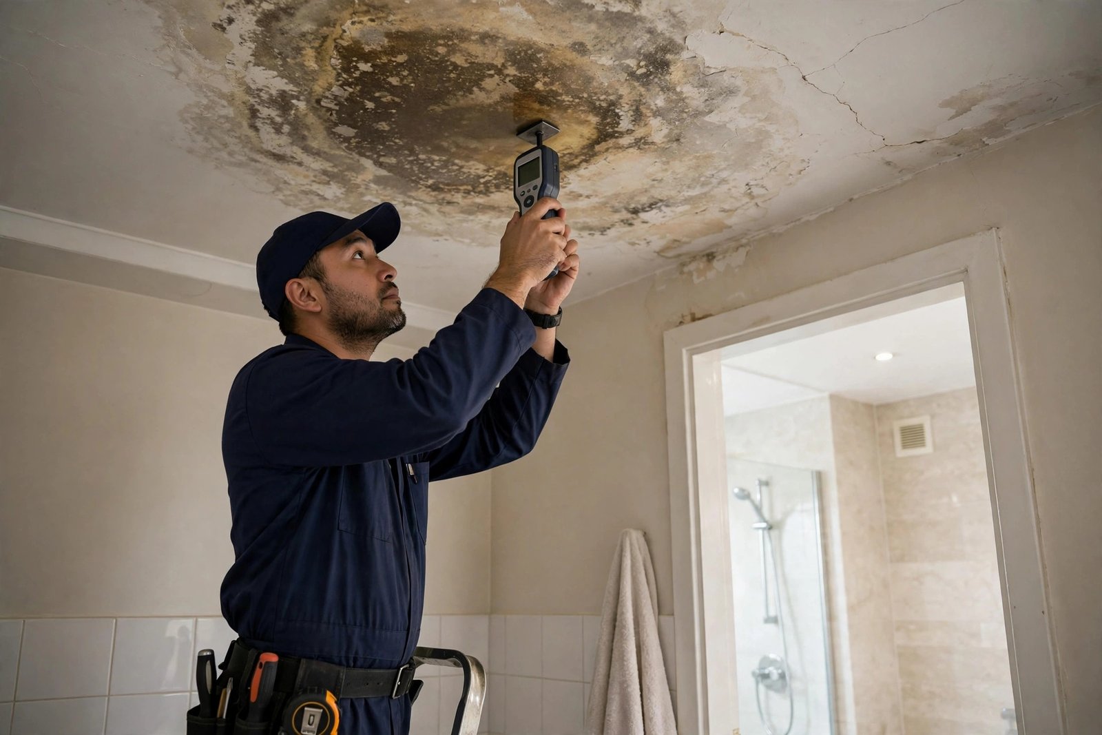 Technician inspecting a damp ceiling stain for bathroom waterproofing Riyadh diagnosis
