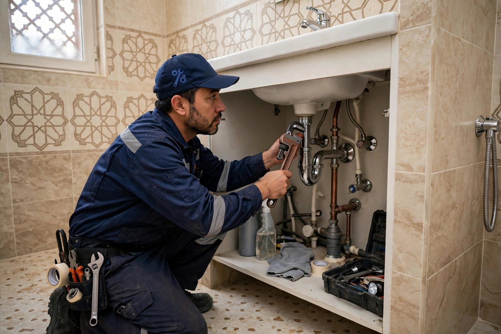 Plumber servicing bathroom pipes under a sink to restore water pressure in a Riyadh home