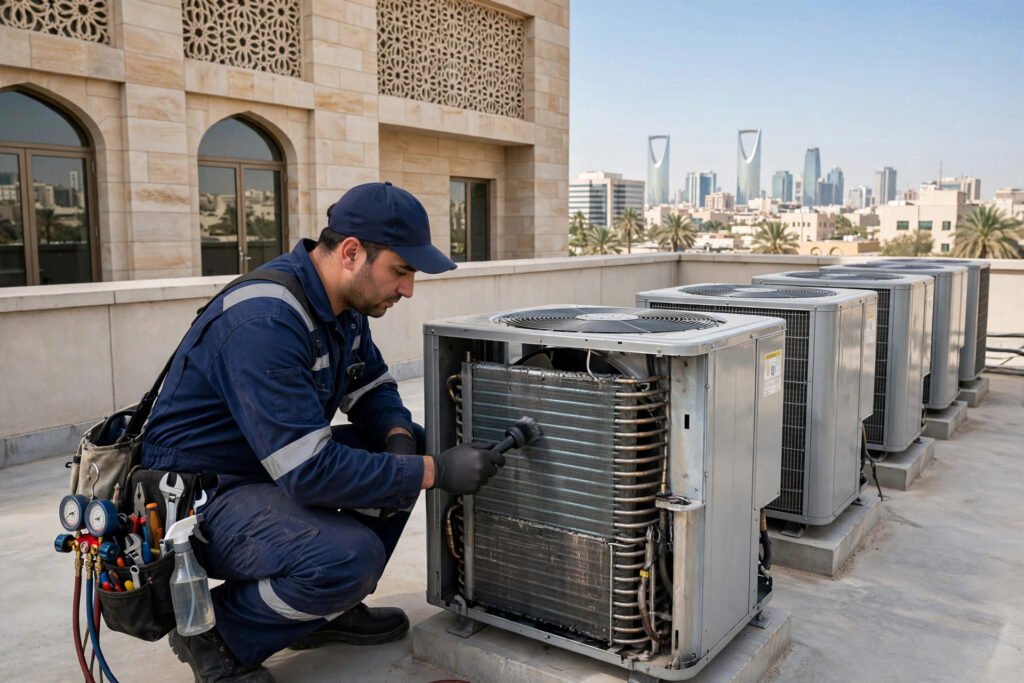 Technician maintaining VRV outdoor units at a commercial building in Riyadh