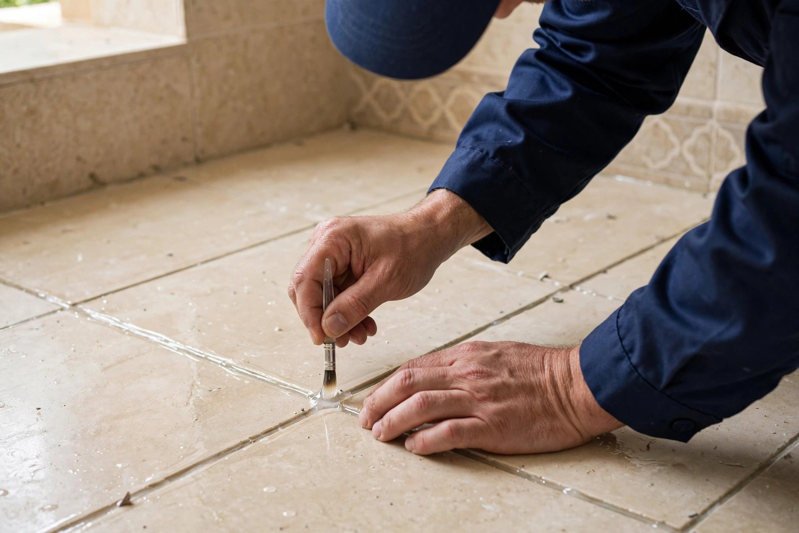 Technician sealing bathroom floor grout during bathroom waterproofing service in Riyadh