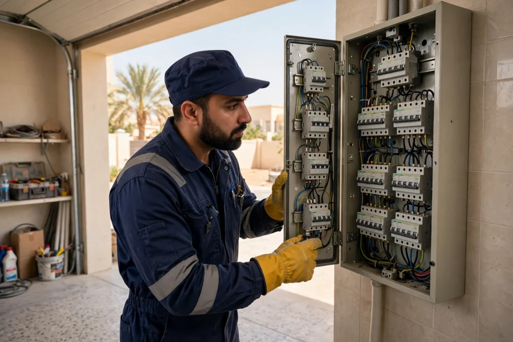 Electrician inspecting a circuit breaker panel during a circuit breaker tripping Riyadh service call in a villa garage