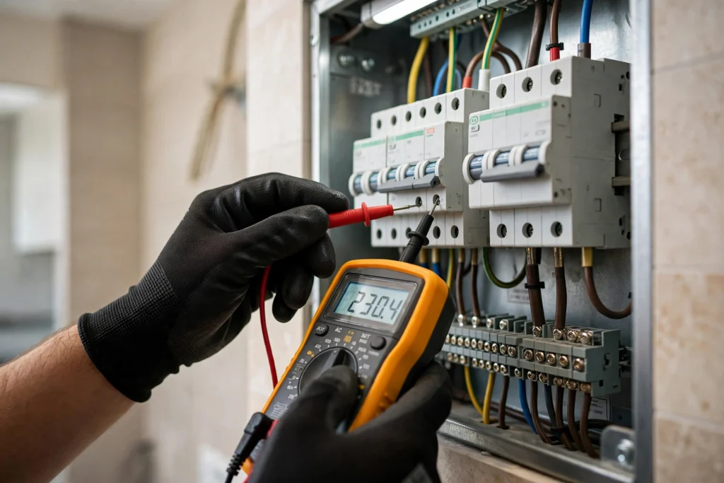 Electrician testing a tripping circuit breaker with a multimeter to diagnose circuit breaker tripping in a Riyadh home