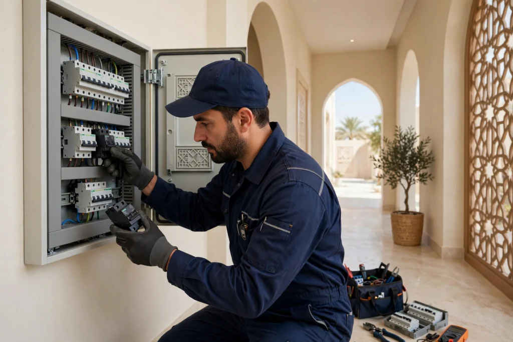Electrician replacing a faulty circuit breaker in a Riyadh home electrical panel to fix repeated circuit breaker tripping