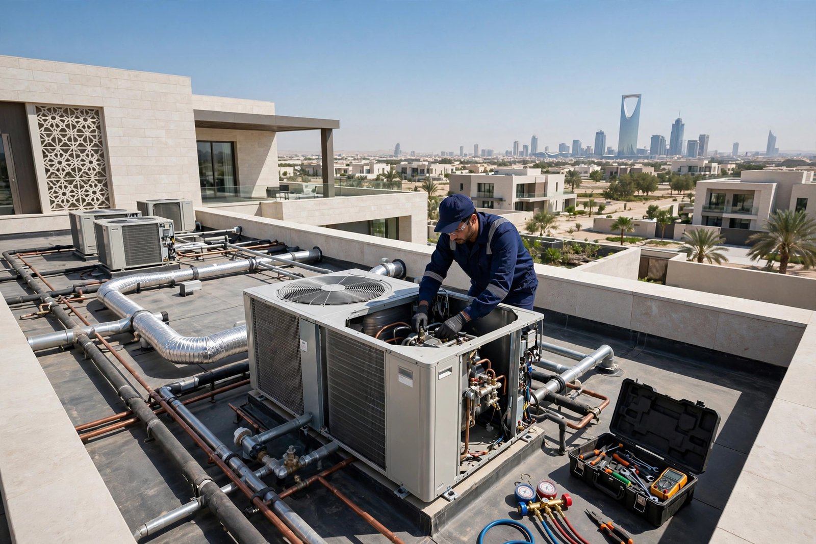 VRV vs split AC villa: HVAC technician servicing a rooftop VRV outdoor unit on a Riyadh villa