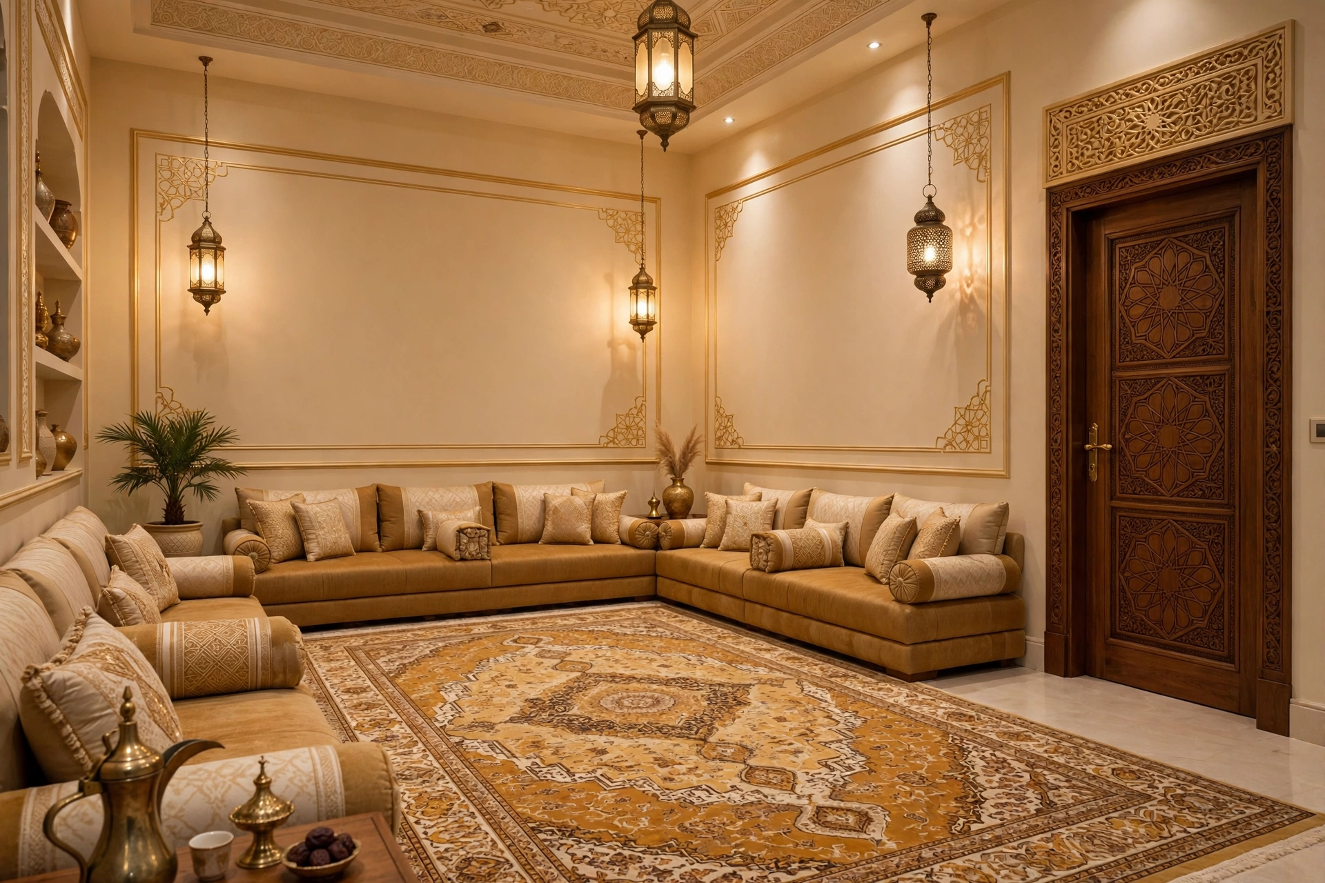 Elegant majlis painting ideas themes in a Saudi villa, cream and gold painted majlis interior in Riyadh