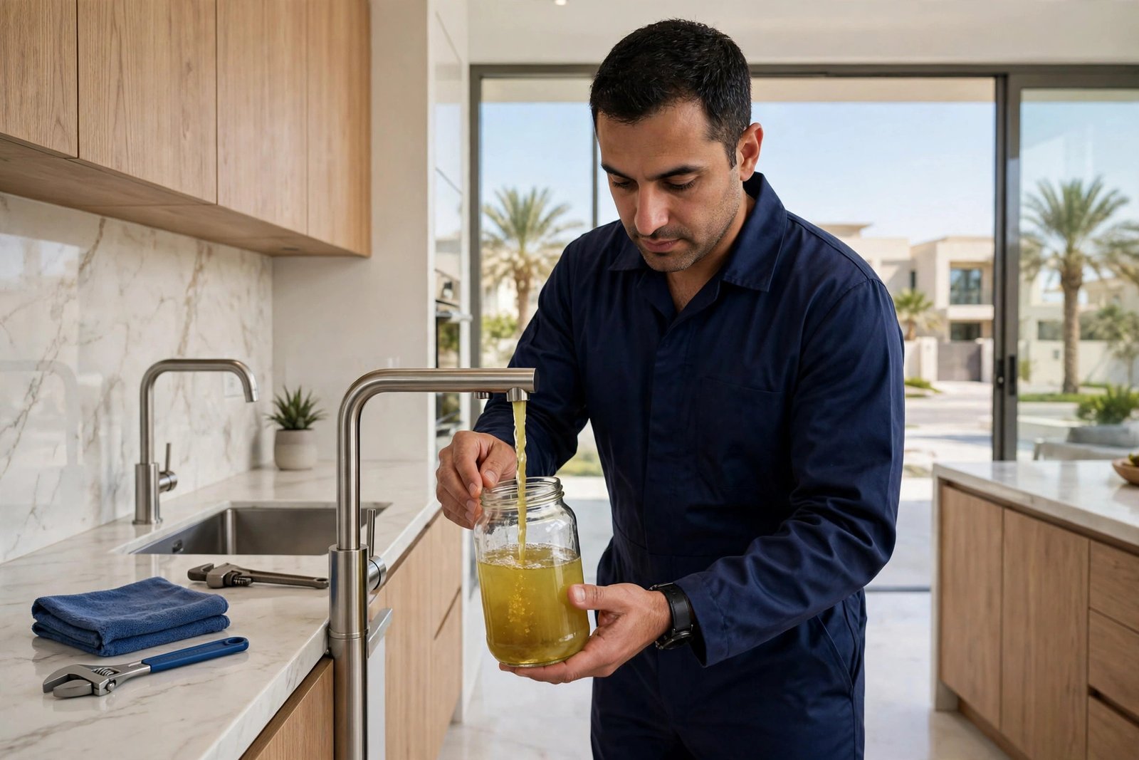 Yellow tap water reasons: plumber collecting a yellow water sample from a villa tap in Riyadh