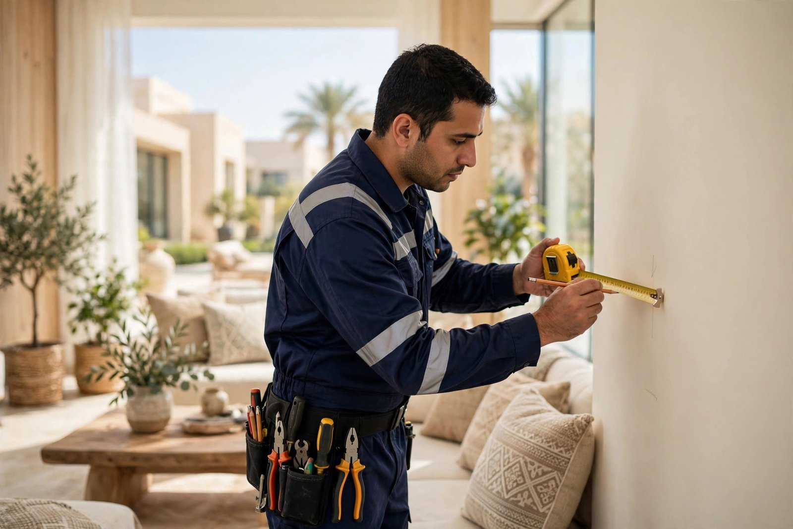 Electrician doing villa socket planning in a Riyadh villa living room, marking socket mounting height on the wall