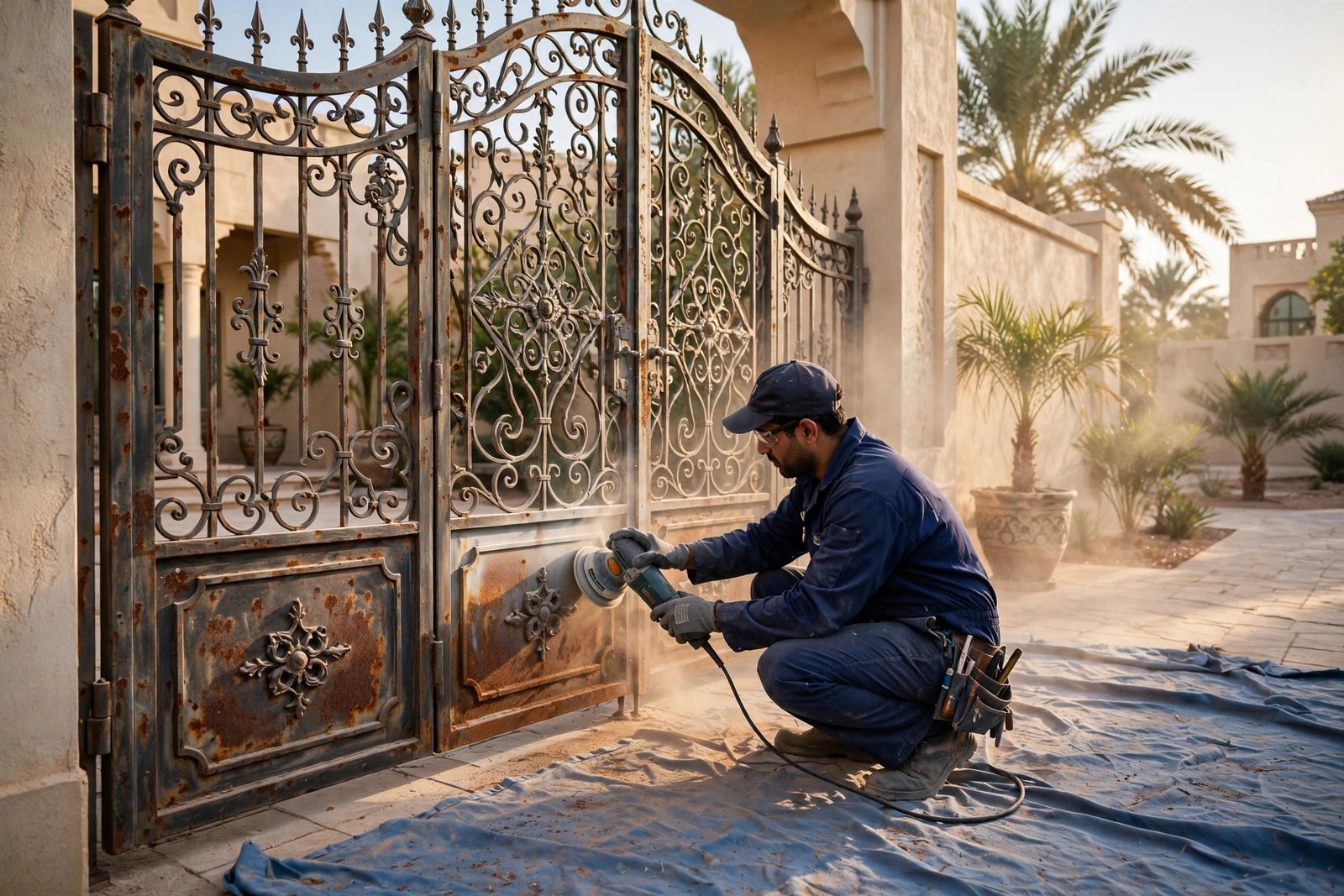Professional painter following metal gate painting steps, sanding rust off a wrought iron villa gate in Riyadh