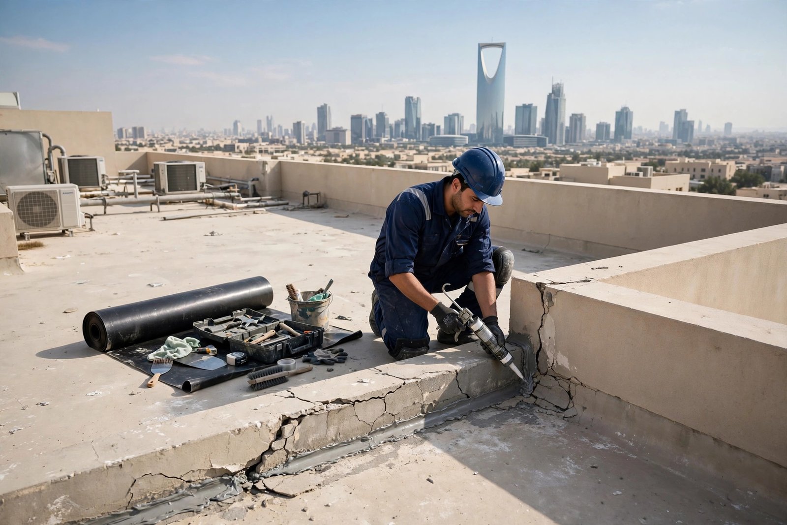 Parapet wall leakage repair: technician applying sealant to a cracked parapet wall joint on a Riyadh villa rooftop