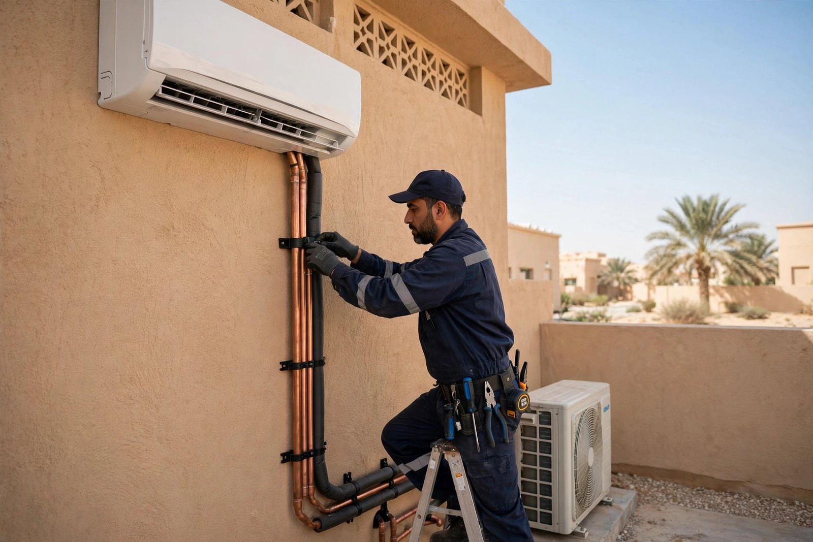 AC copper pipe charges guide: uniformed technician routing insulated copper refrigerant pipes for a split AC installation at a Saudi villa in Riyadh
