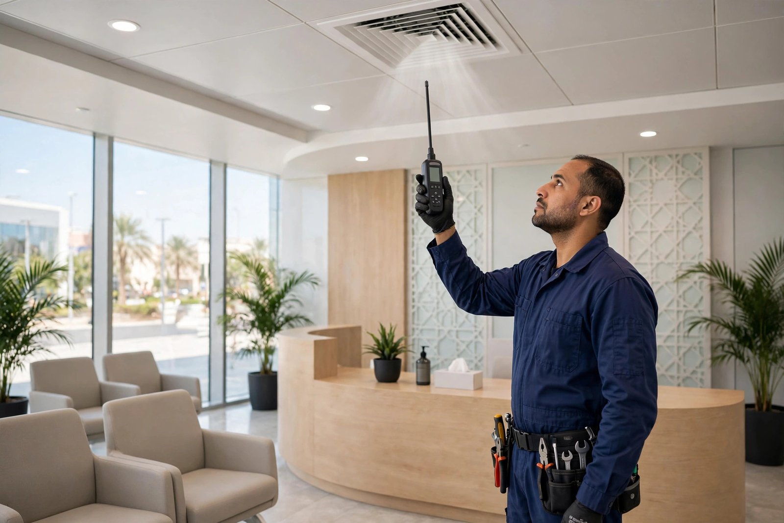 HVAC technician checking clinic HVAC standards compliance at a ceiling air diffuser in a Riyadh clinic waiting area