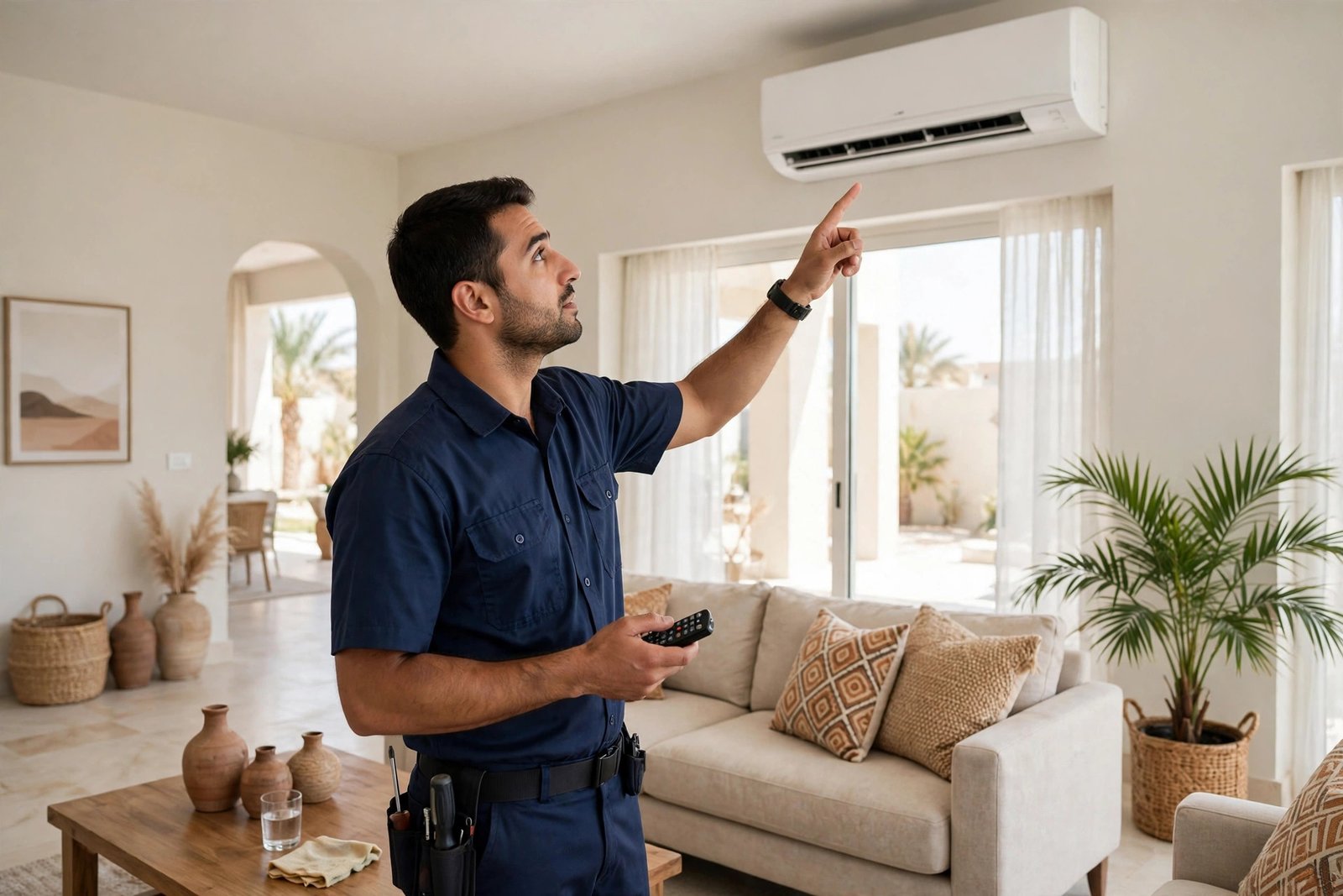 AC dry mode best use explained: AC technician in navy uniform pointing at a split AC unit in a Riyadh villa