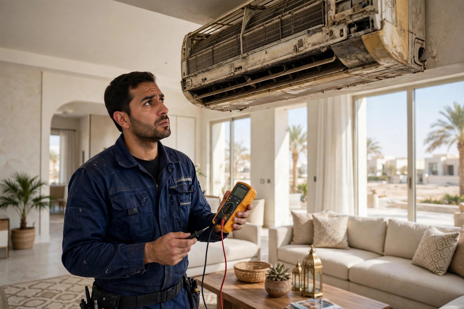 replace split ac signs: uniformed technician inspecting an old worn split AC indoor unit in a Riyadh villa