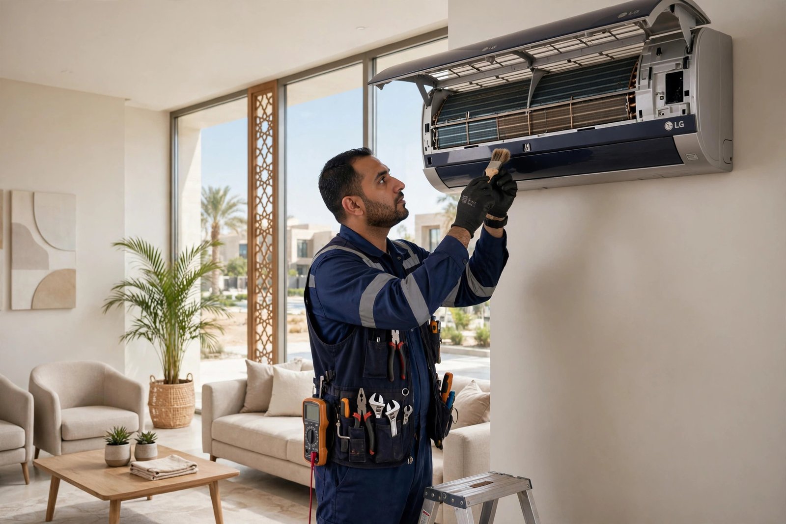 Technician performing lg ac repair riyadh service on an LG split AC indoor unit coil in a Saudi villa