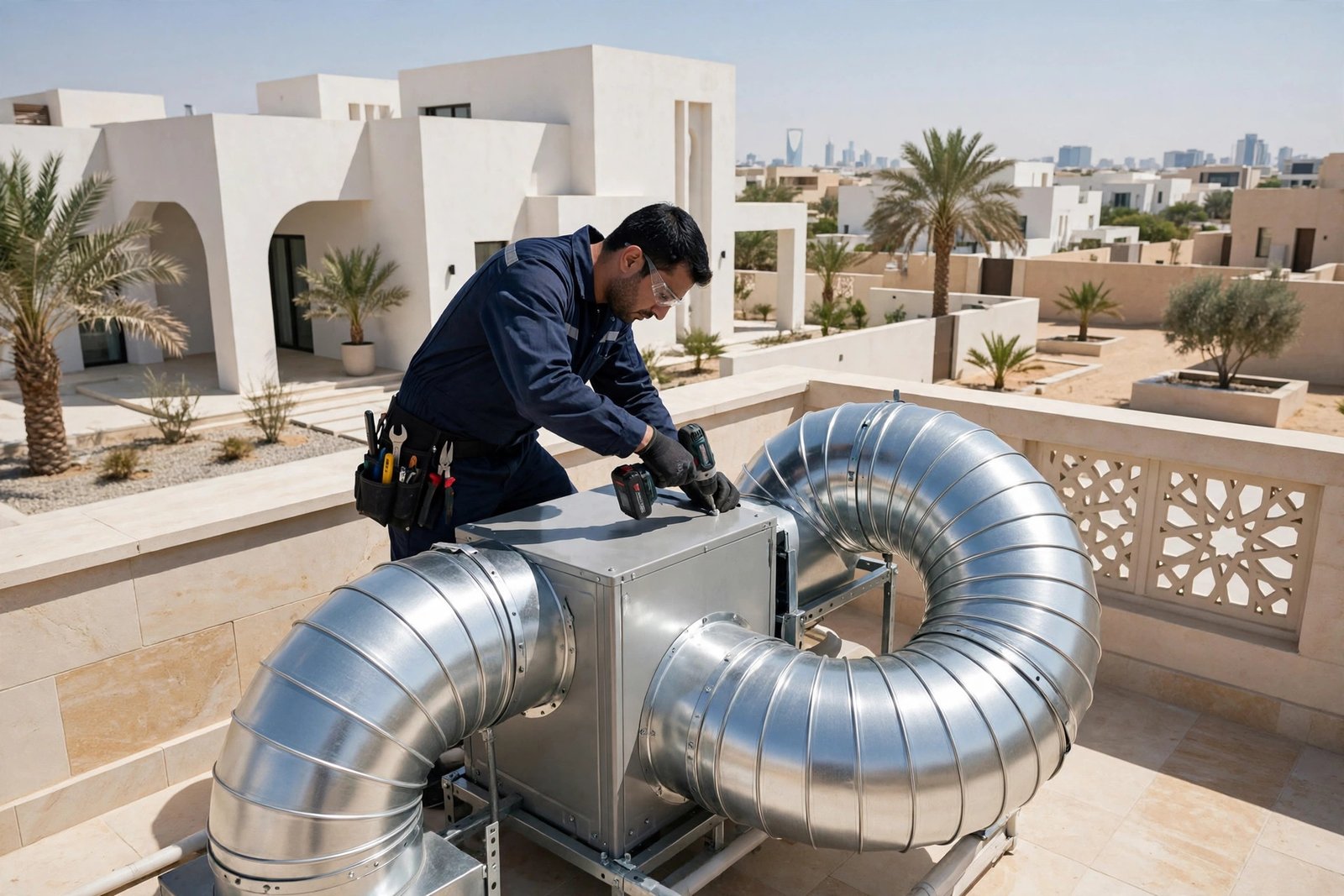 home ventilation systems riyadh: HVAC technician installing rooftop ventilation ductwork on a Saudi villa