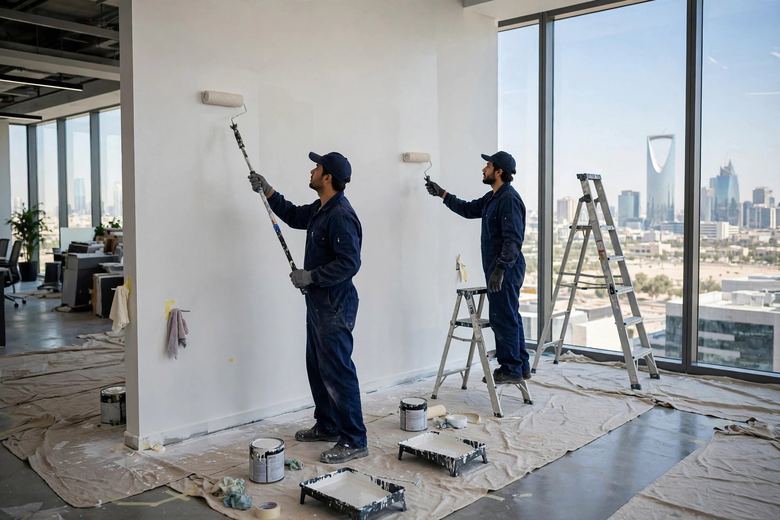 Best office painters Riyadh: uniformed painters rolling fresh paint in a modern Riyadh office interior