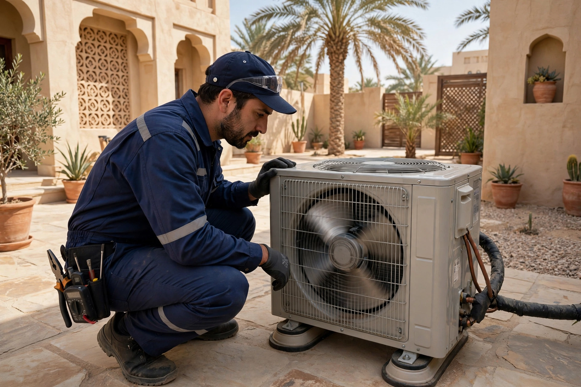 AC vibrating causes: uniformed technician inspecting a shaking outdoor AC condenser unit at a Riyadh villa