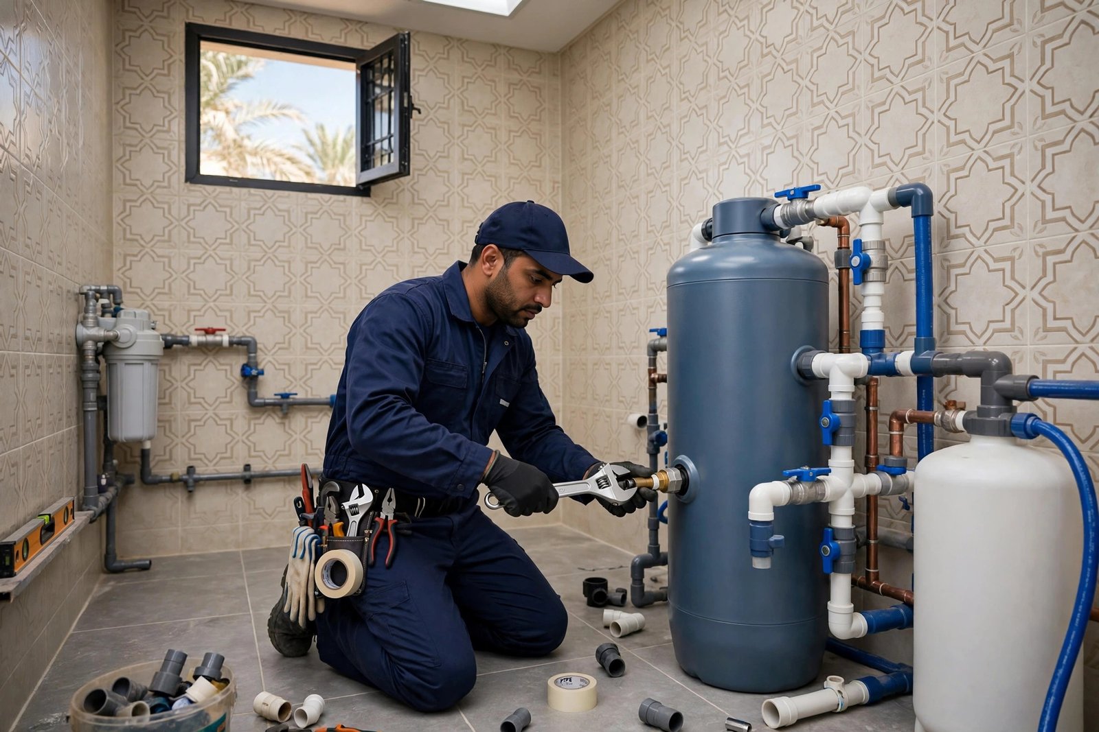Plumber installing a water softener unit in a Riyadh villa utility room