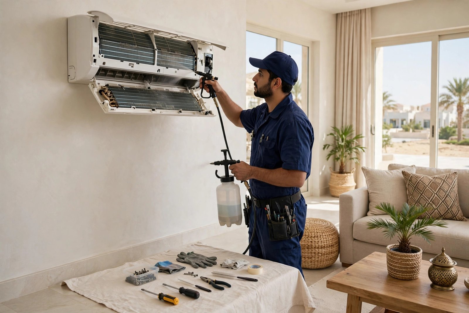 AC technician performing a pre summer ac tune up on a split AC indoor unit in a Riyadh villa