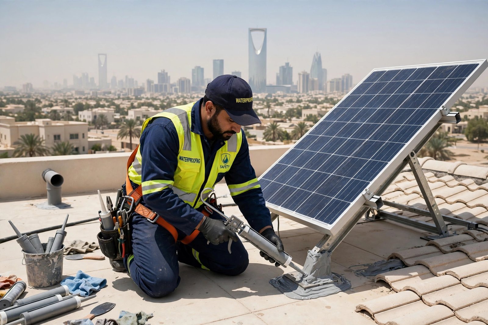 Solar panel mount waterproofing tips: technician sealing a solar bracket mount on a Riyadh villa roof