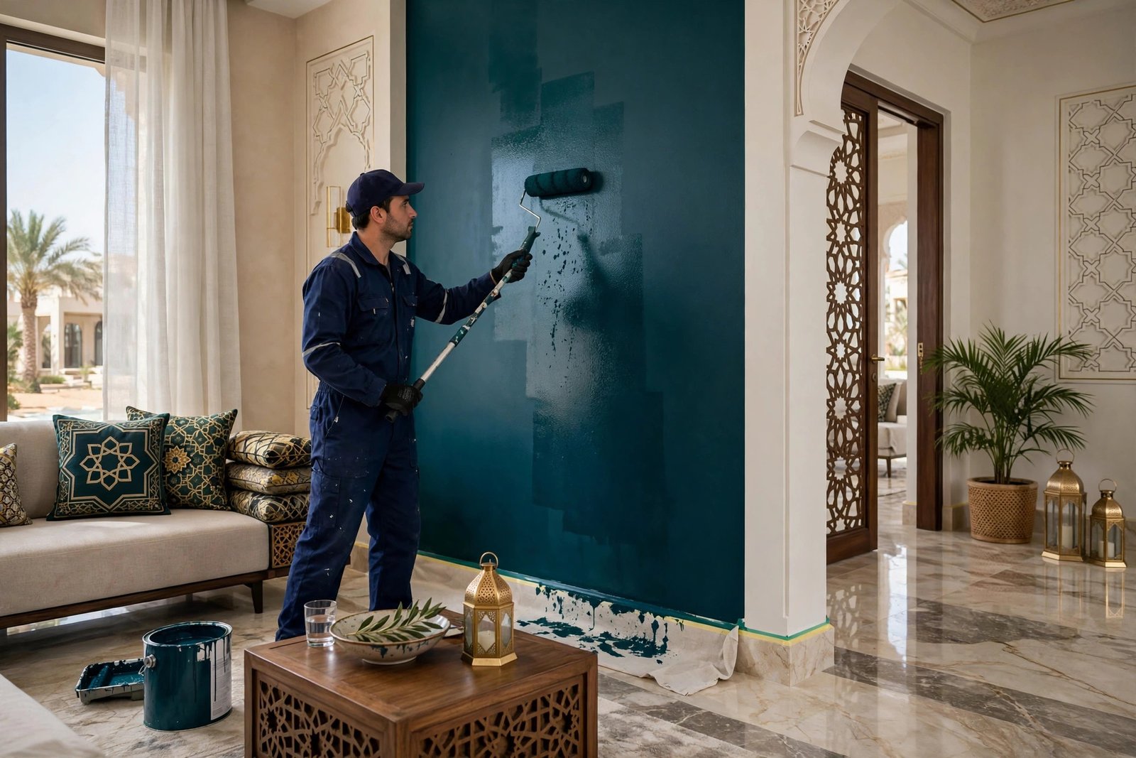Painter applying teal paint on an accent wall in a Riyadh villa living room, following accent wall color rules