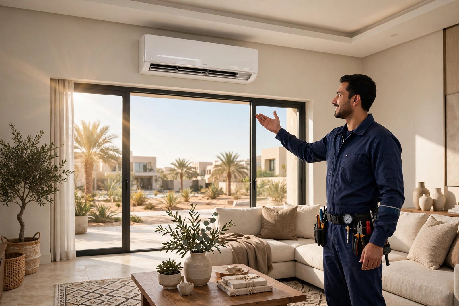 Best split AC brands Riyadh: technician presenting a wall-mounted split AC unit in a modern Saudi villa