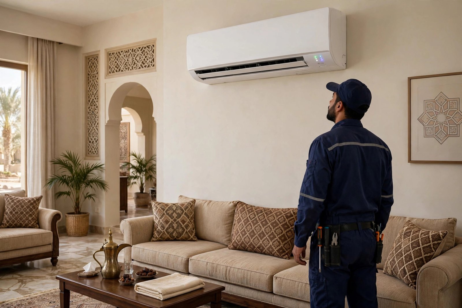 Samsung AC timer light blinking on a wall-mounted split AC in a Riyadh villa living room