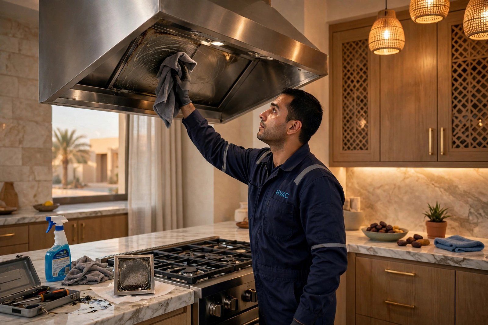 HVAC technician performing kitchen exhaust system cleaning on a stainless steel hood in a Riyadh villa kitchen