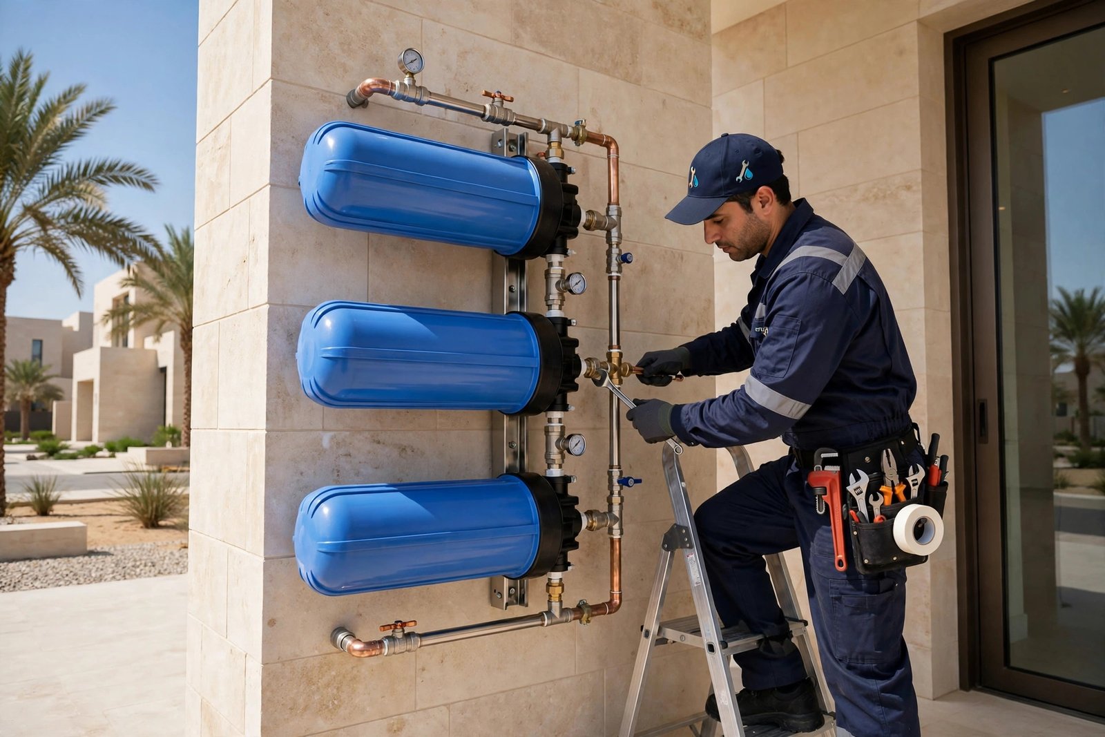 Plumber installing the best whole house water filter riyadh system on a villa exterior wall