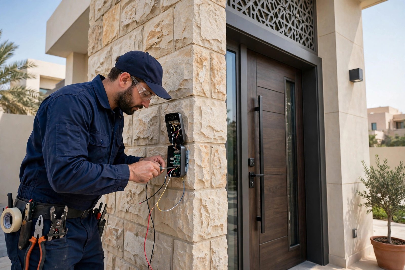 Certified electrician completing video doorbell installation wiring at a Riyadh villa entrance