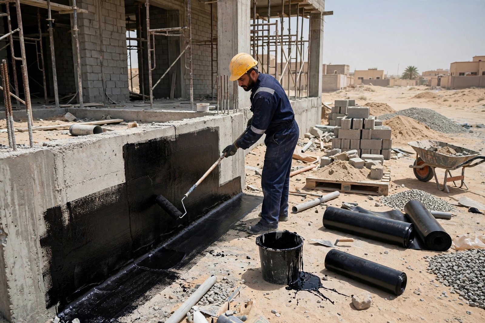 Uniformed technician applying waterproofing membrane to a villa foundation wall, showing the value behind foundation waterproofing cost Riyadh