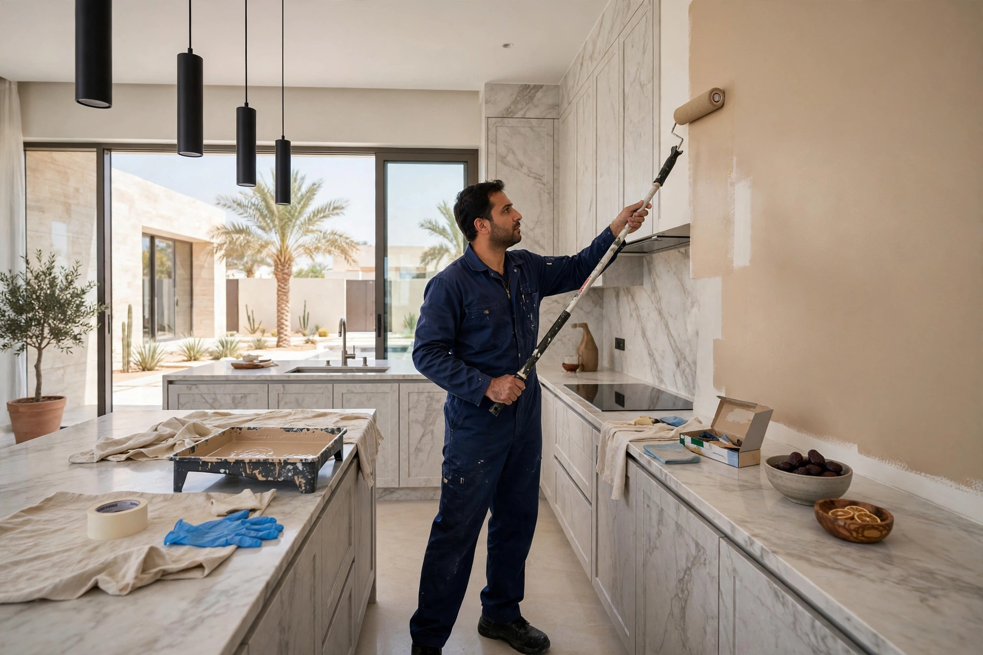 Professional painter applying kitchen wall paint with a roller in a Riyadh villa kitchen, one of our top kitchen wall paint tips is hiring a pro for even coverage
